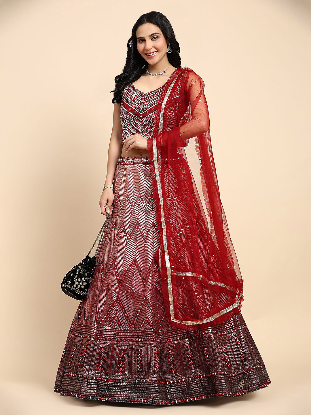 

AMOHA TRENDZ Embroidered Mirror Work Organza Ready to Wear Lehenga & Blouse With Dupatta, Red