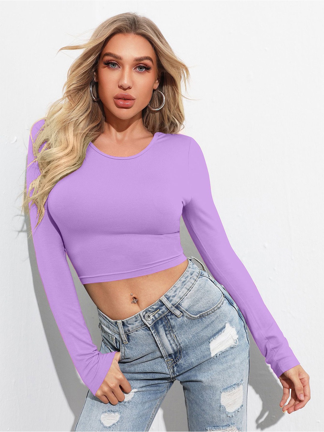 

RAJOVATI Round Neck Long Sleeves Crop Top, Violet