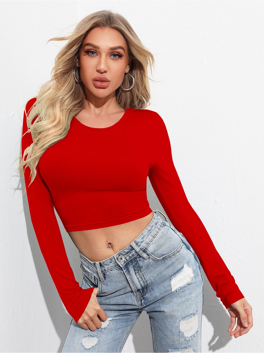 

RAJOVATI Round Neck Long Sleeves Crop Top, Red