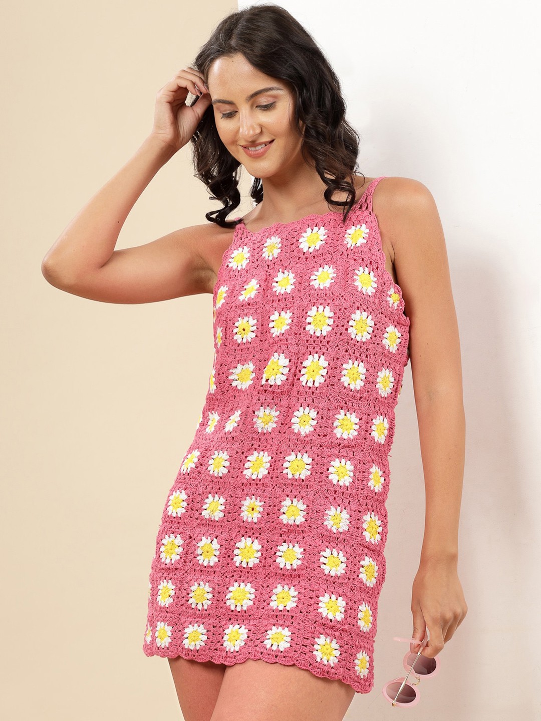

Velvery Floral Embroidered A-Line Cotton Mini Dress, Pink