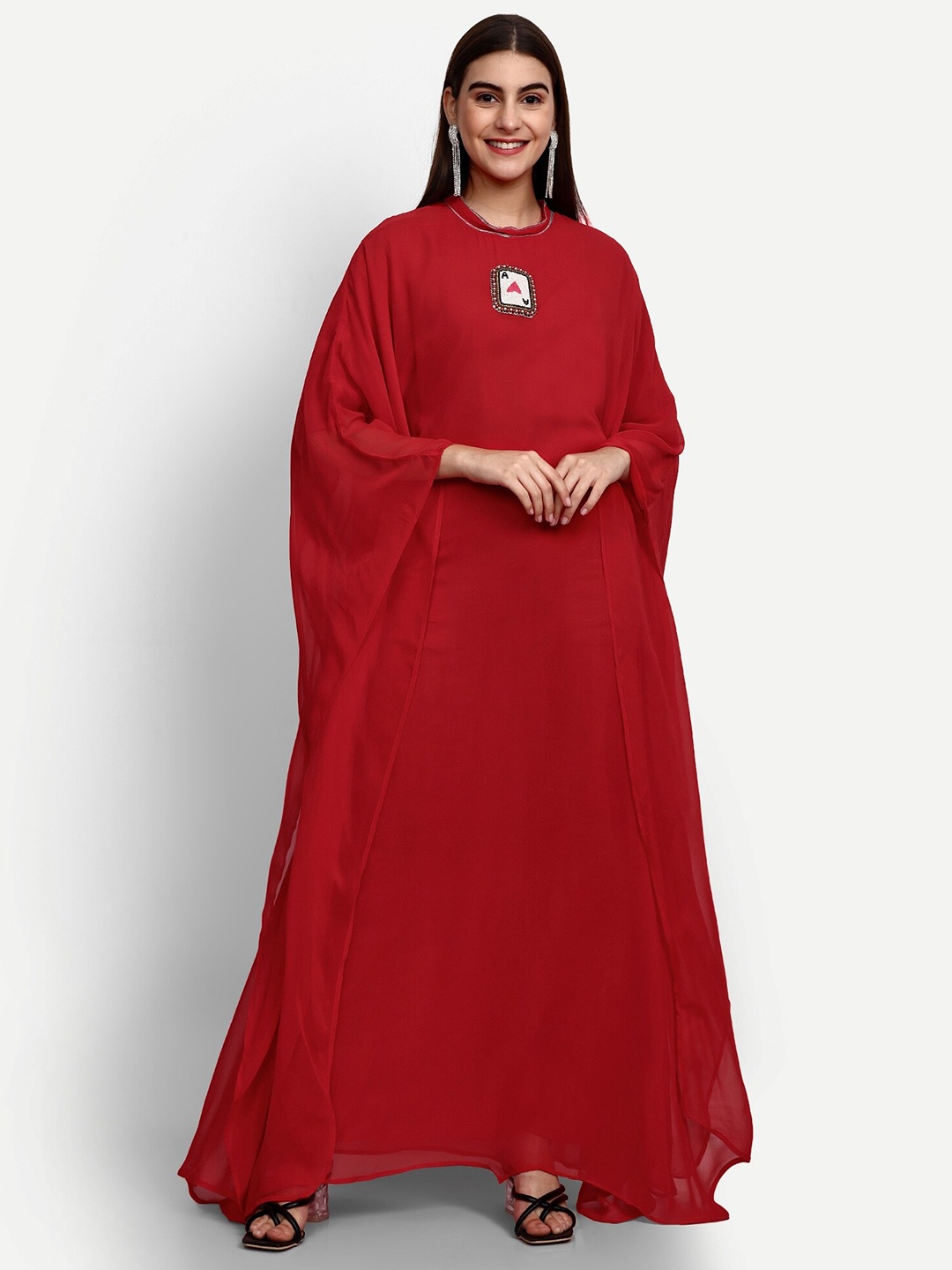 

GENDAFOOL Round Neck Kimono Sleeve Georgette Maxi Dress, Magenta