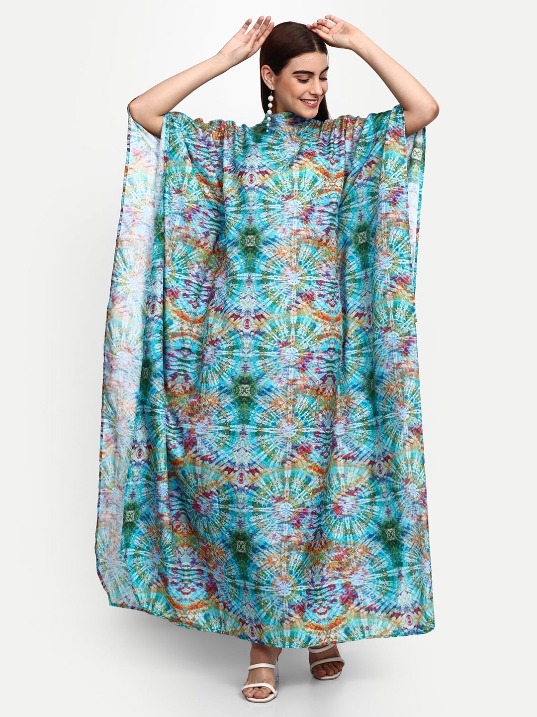 

GENDAFOOL Tie and Dye High Neck Georgette Kaftan Dress, Blue