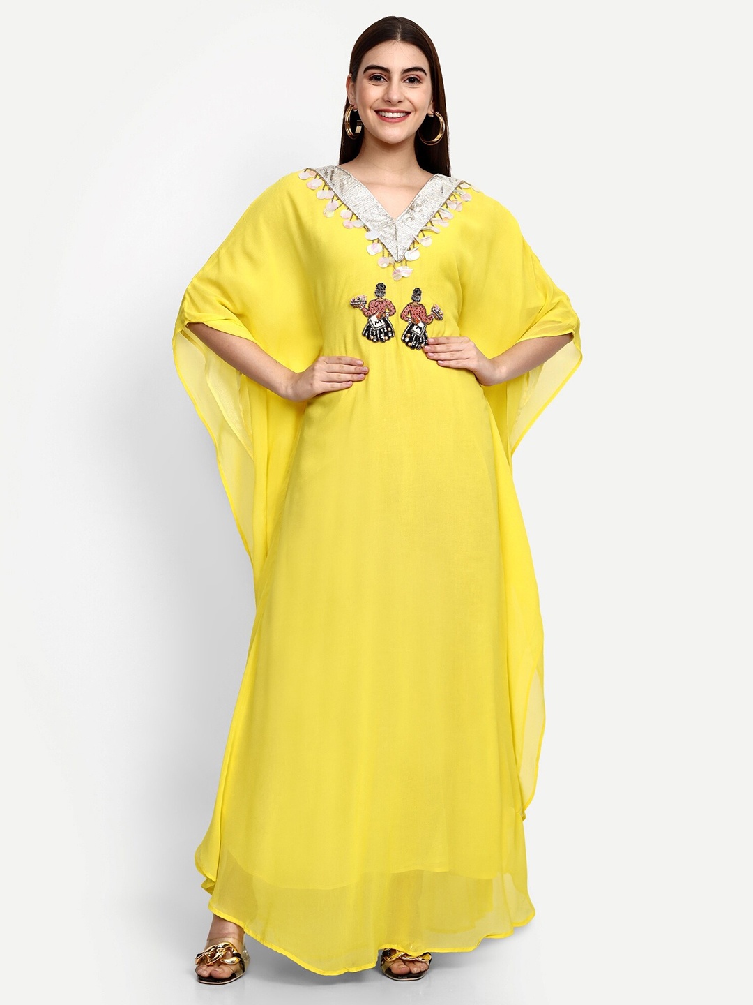 

GENDAFOOL Kimono Sleeve Georgette Kaftan Maxi Dress, Yellow