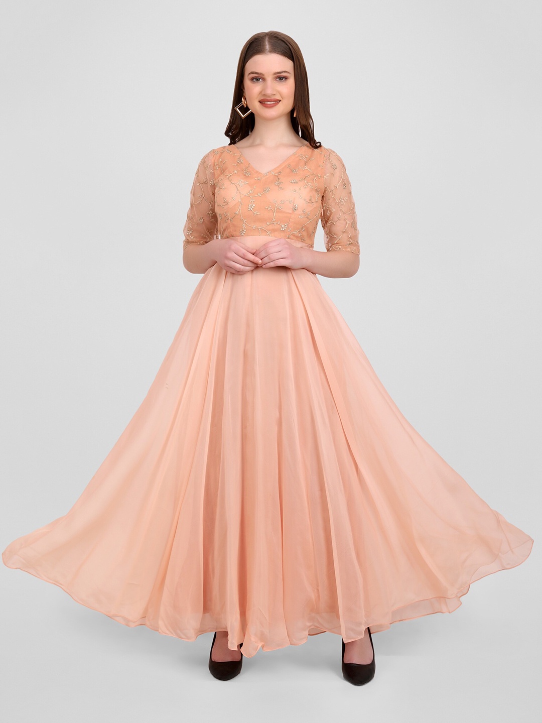 

GENDAFOOL V-Neck Georgette A-Line Maxi Dress, Peach