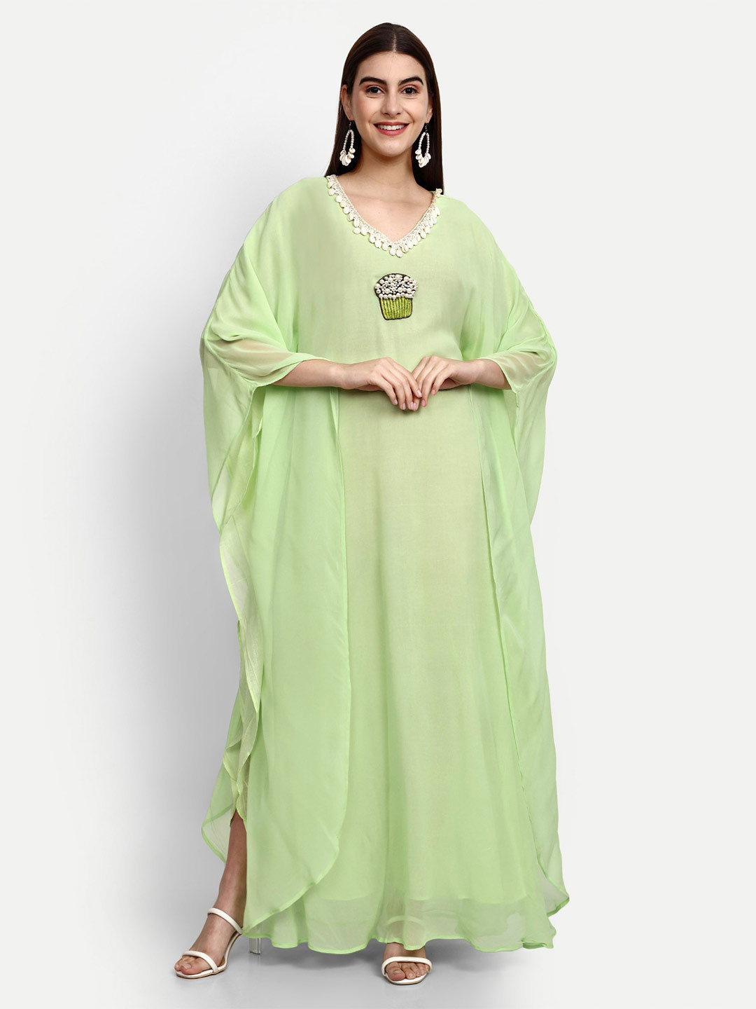 

GENDAFOOL V-Neck Georgette Kaftan Maxi Dress, Sea green
