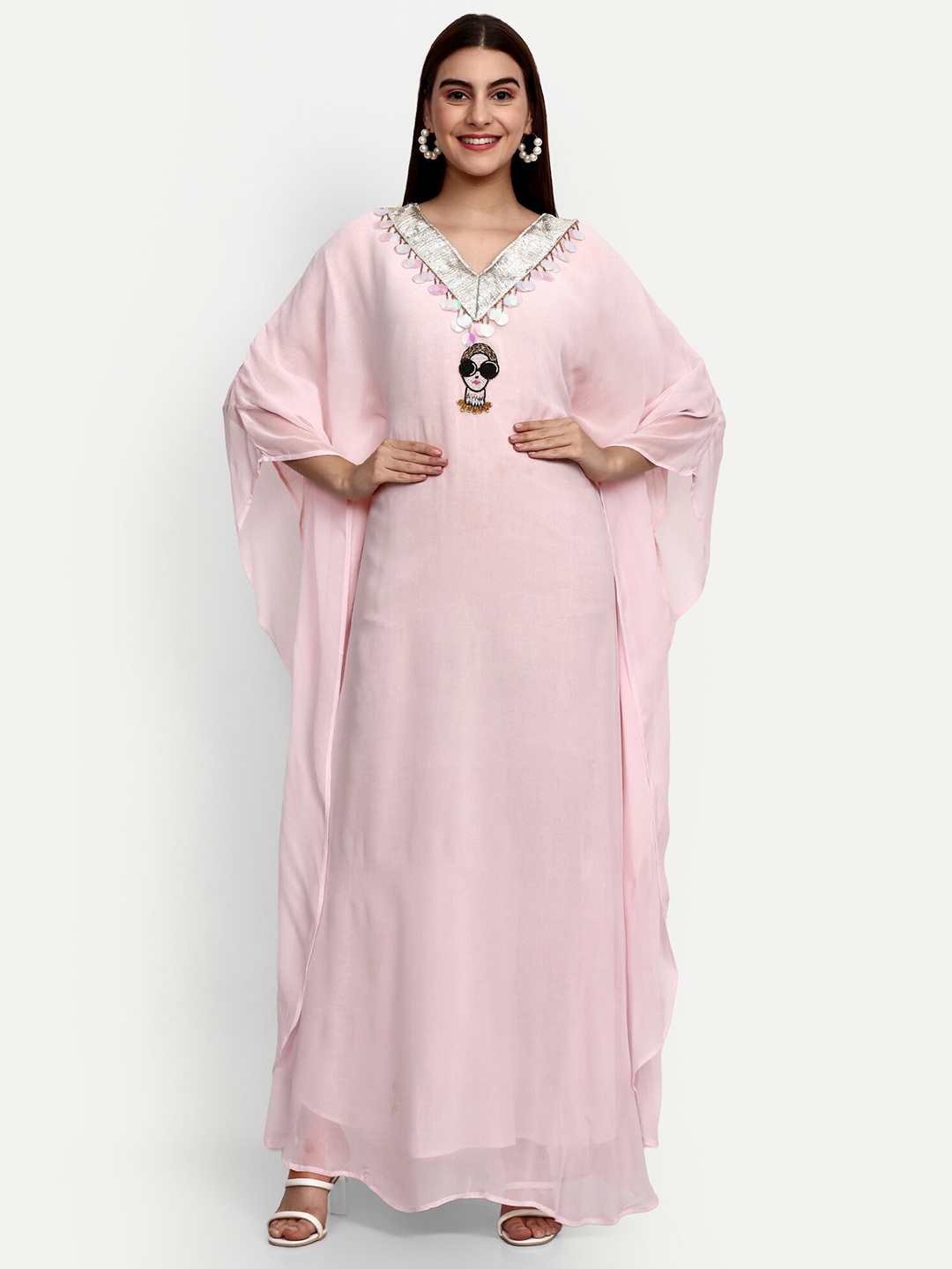 

GENDAFOOL Kimono Sleeve Georgette Maternity Kaftan Maxi Dress, Pink