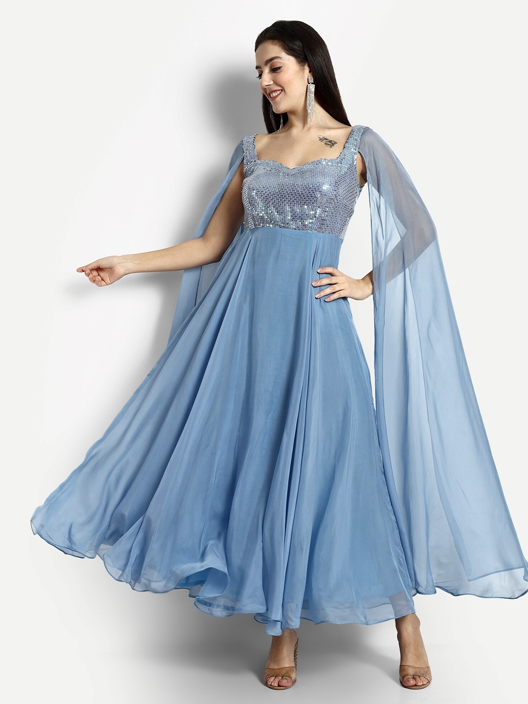 

GENDAFOOL Sequined Sweetheart Neck Cape Sleeve Maxi Dress, Blue