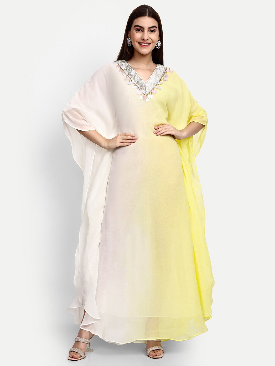 

GENDAFOOL V-Neck Kimono Sleeve Georgette Kaftan Maxi Dress, White