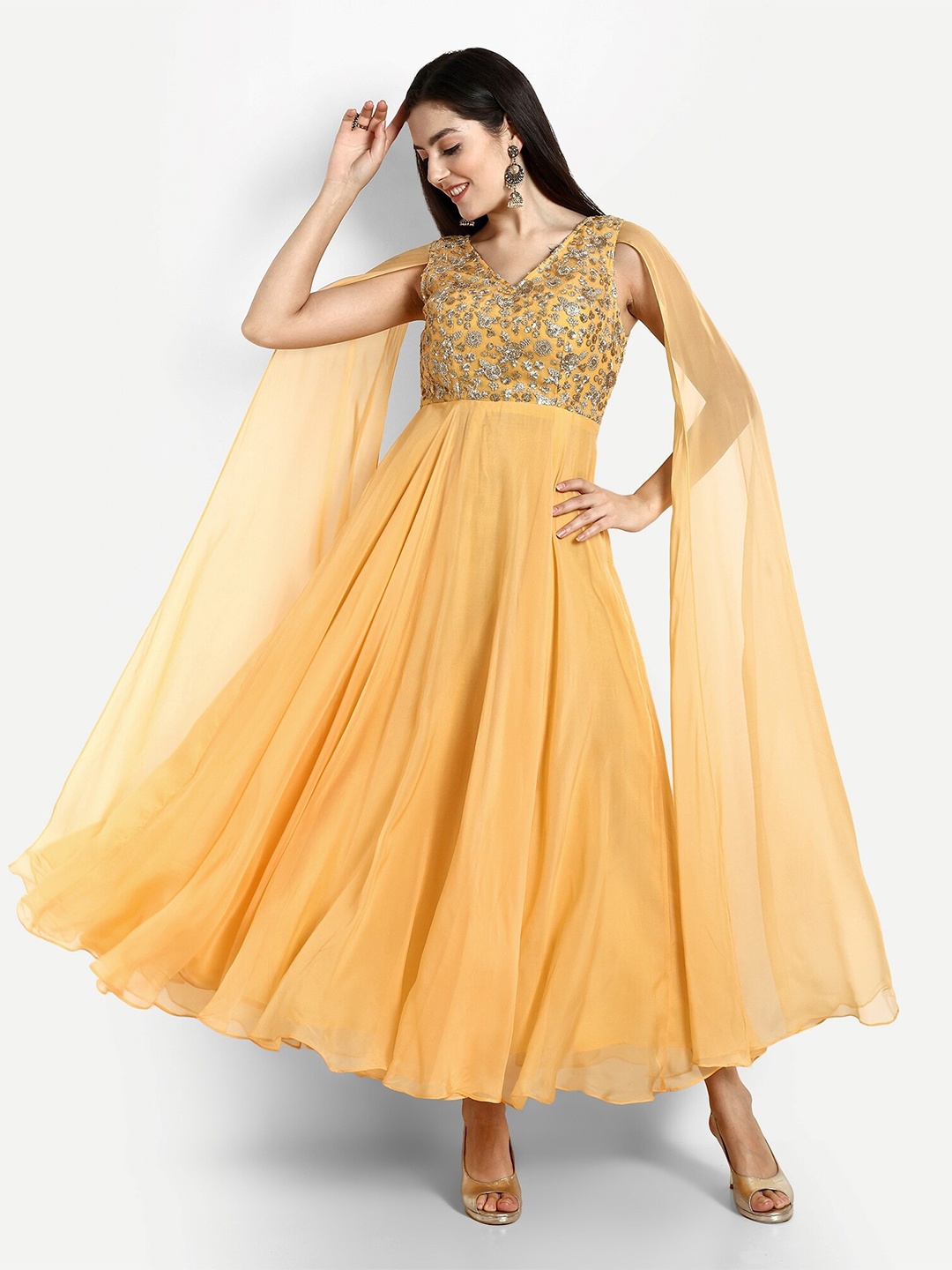 

GENDAFOOL Embellished Slit Sleeve Georgette Maxi Dress, Mustard