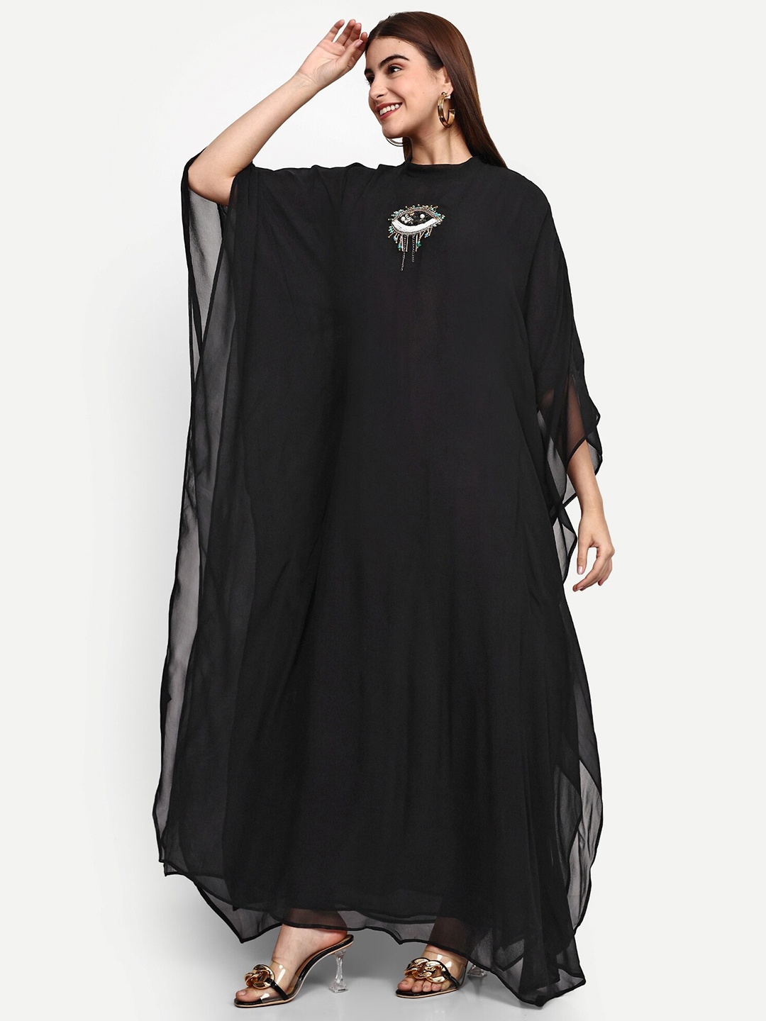 

GENDAFOOL Extended Sleeves Embellished Georgette Maternity Kaftan Maxi Dress, Black