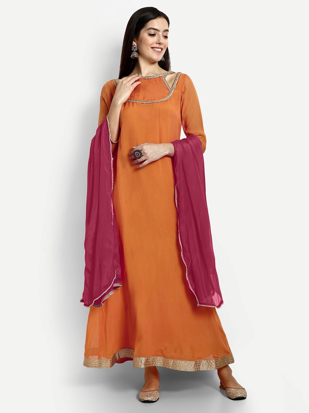 

GENDAFOOL Round Neck Long Sleeves Maxi Dress, Orange