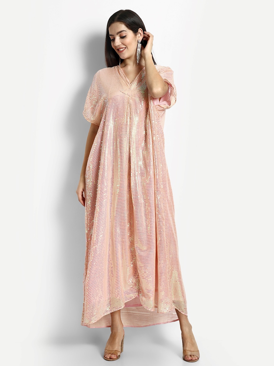 

GENDAFOOL Sequined Embellished V-Neck Party Maxi Dress, Pink