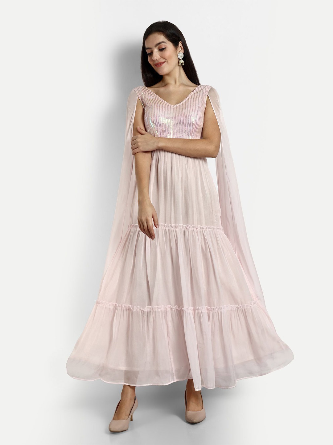 

GENDAFOOL V-Neck Georgette A-line Maxi Dress, Pink