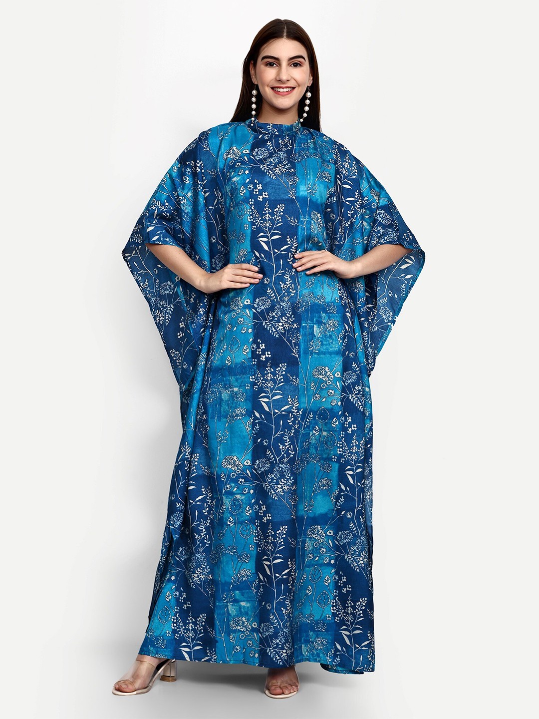 

GENDAFOOL Abstract Print Mandarin Collar Cape Sleeves Maxi Kaftan Dress, Blue