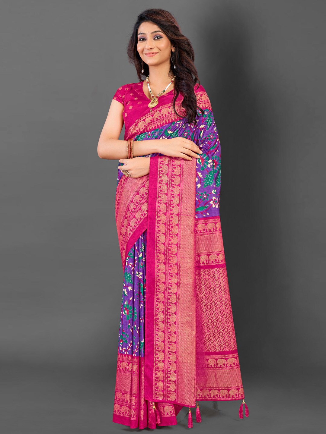 

Mitera Floral Zari Designer Pochampally Saree, Purple