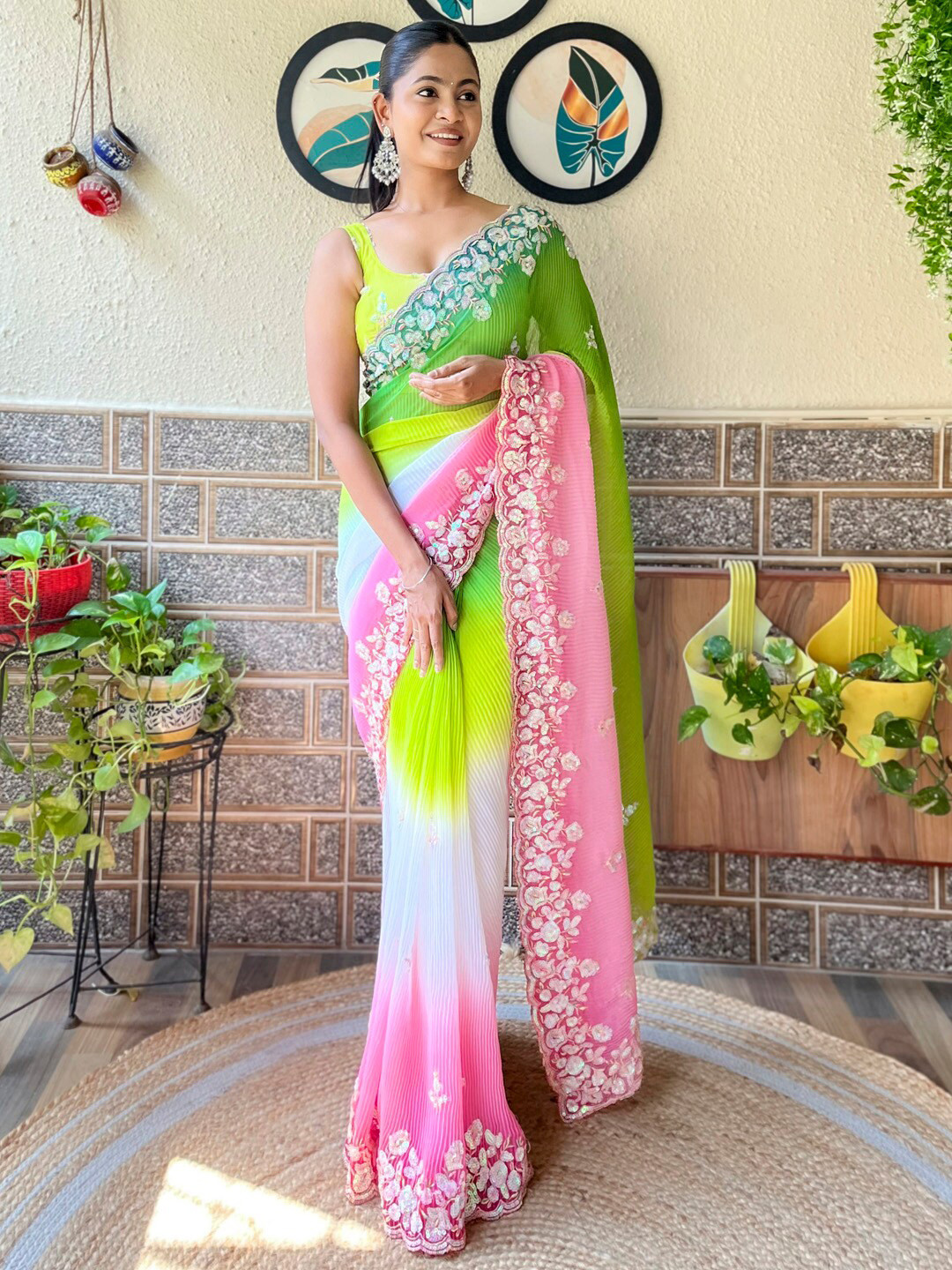 

Mitera Embellished Sequinned Poly Georgette Saree, Green