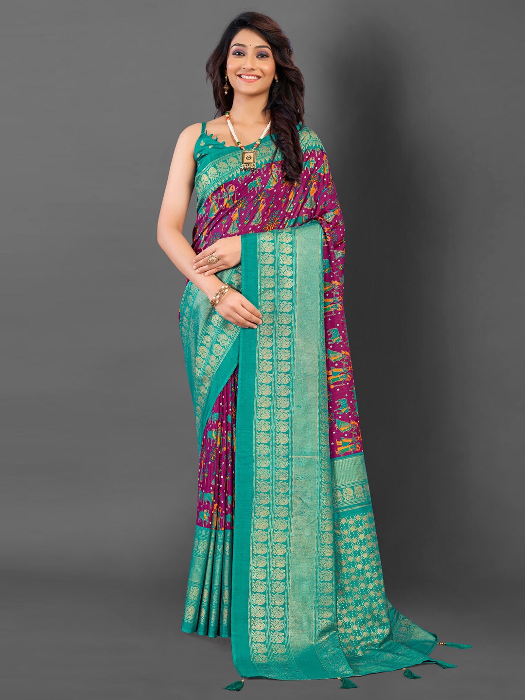 

Mitera Floral Zari Designer Pochampally Saree, Magenta