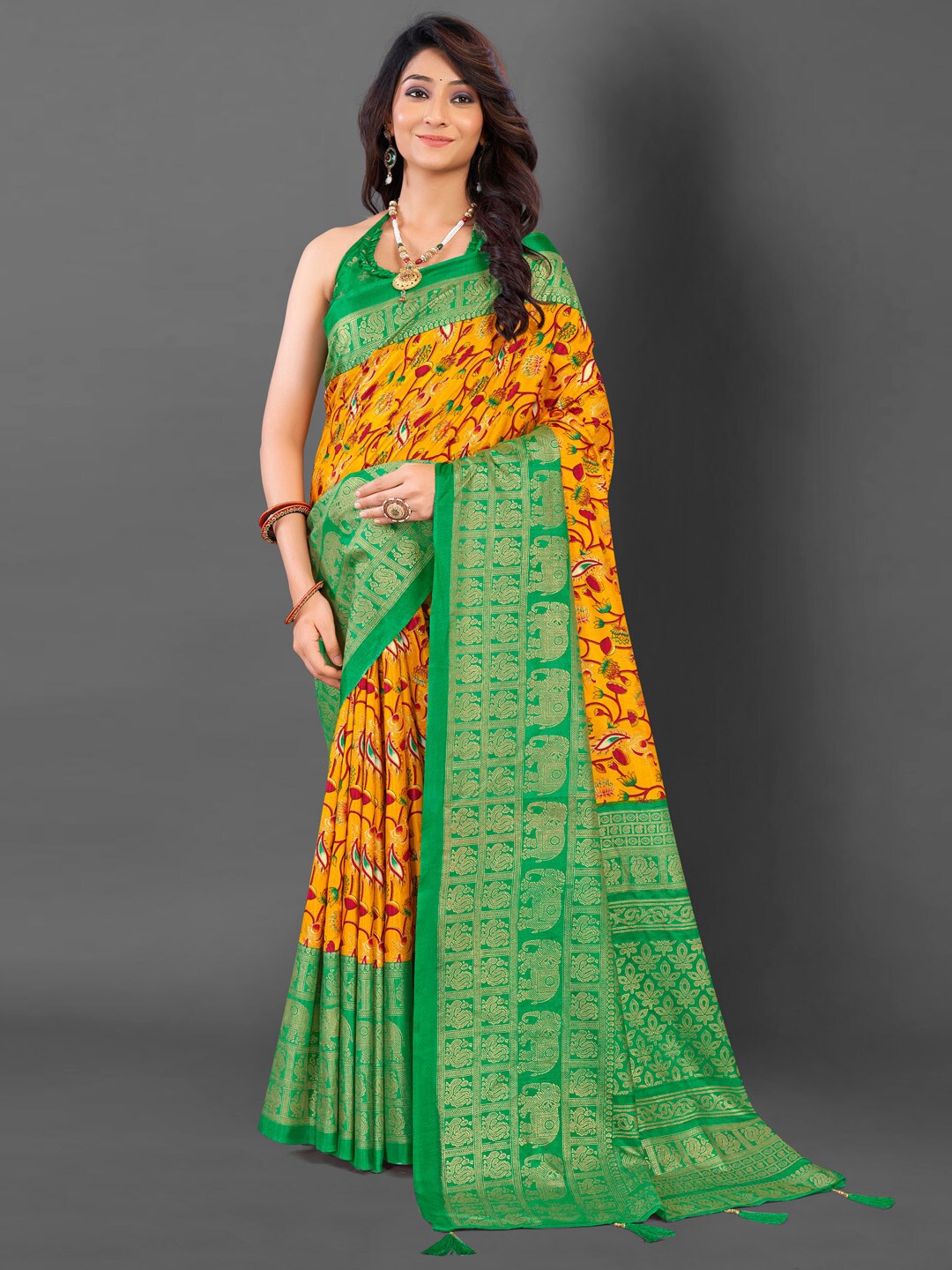 

Mitera Floral Zari Pochampally Saree, Mustard