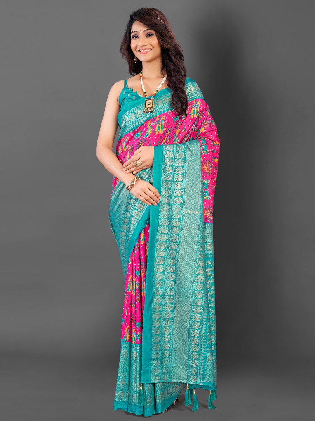 

Mitera Floral Zari Designer Pochampally Saree, Pink