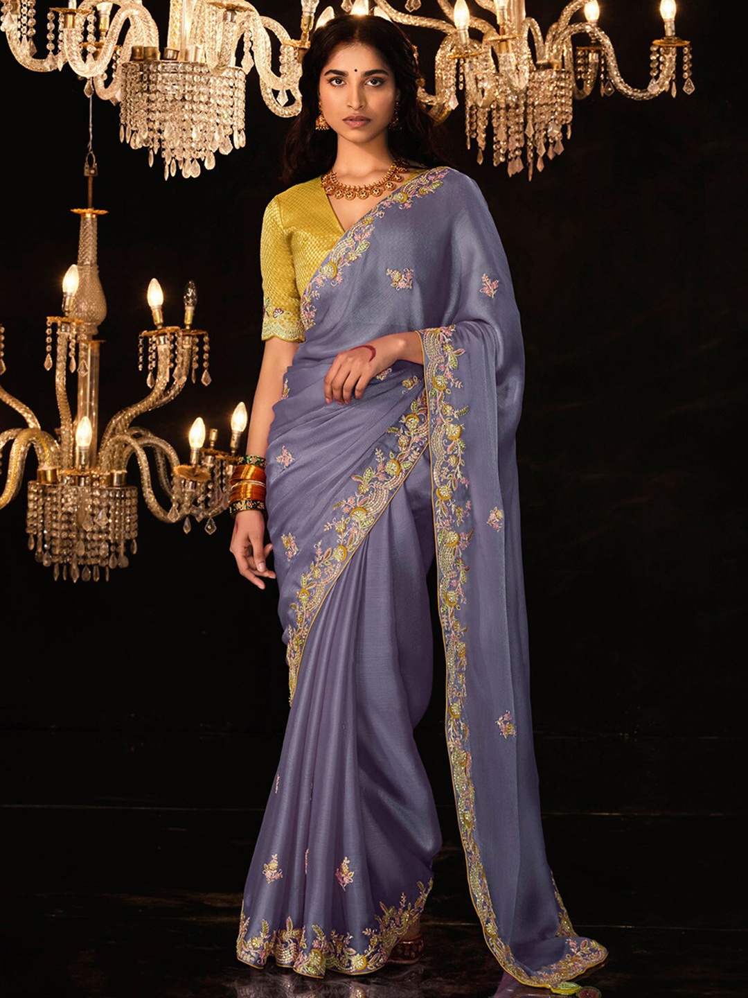 

Mitera Embellished Sequinned Pure Chiffon Saree, Lavender