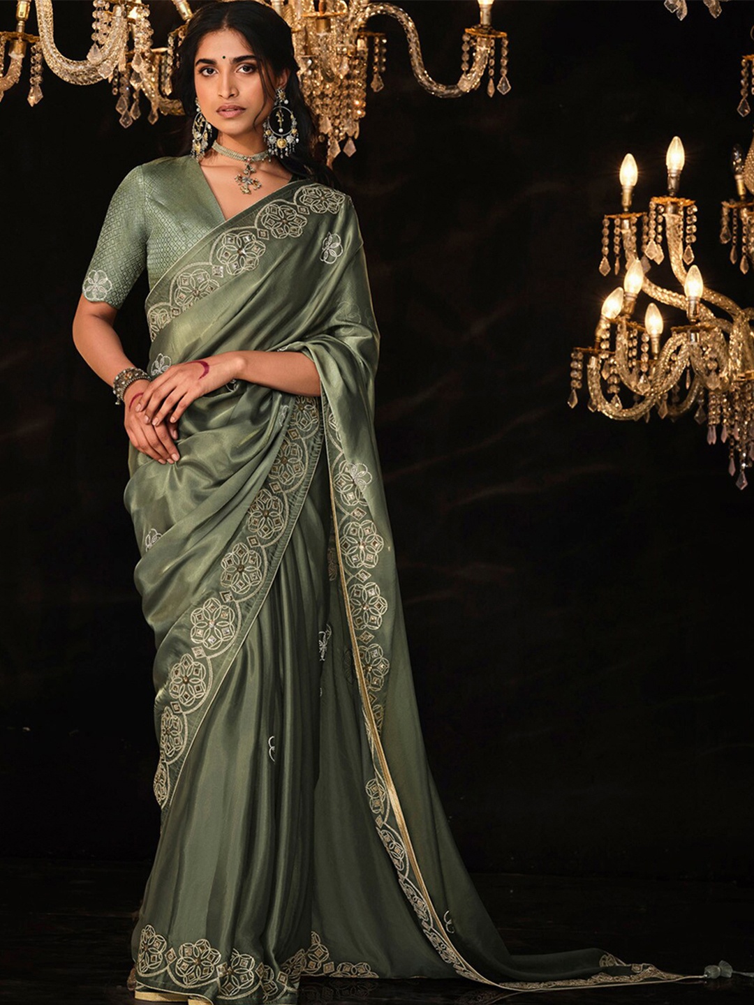 

Mitera Ethnic Embellished Jaali Satin Saree, Sea green