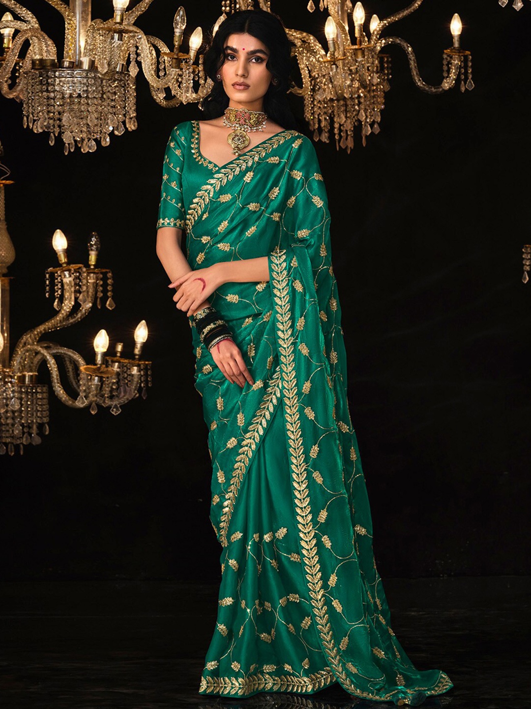 

Mitera Floral Sequinned Organza Saree, Teal