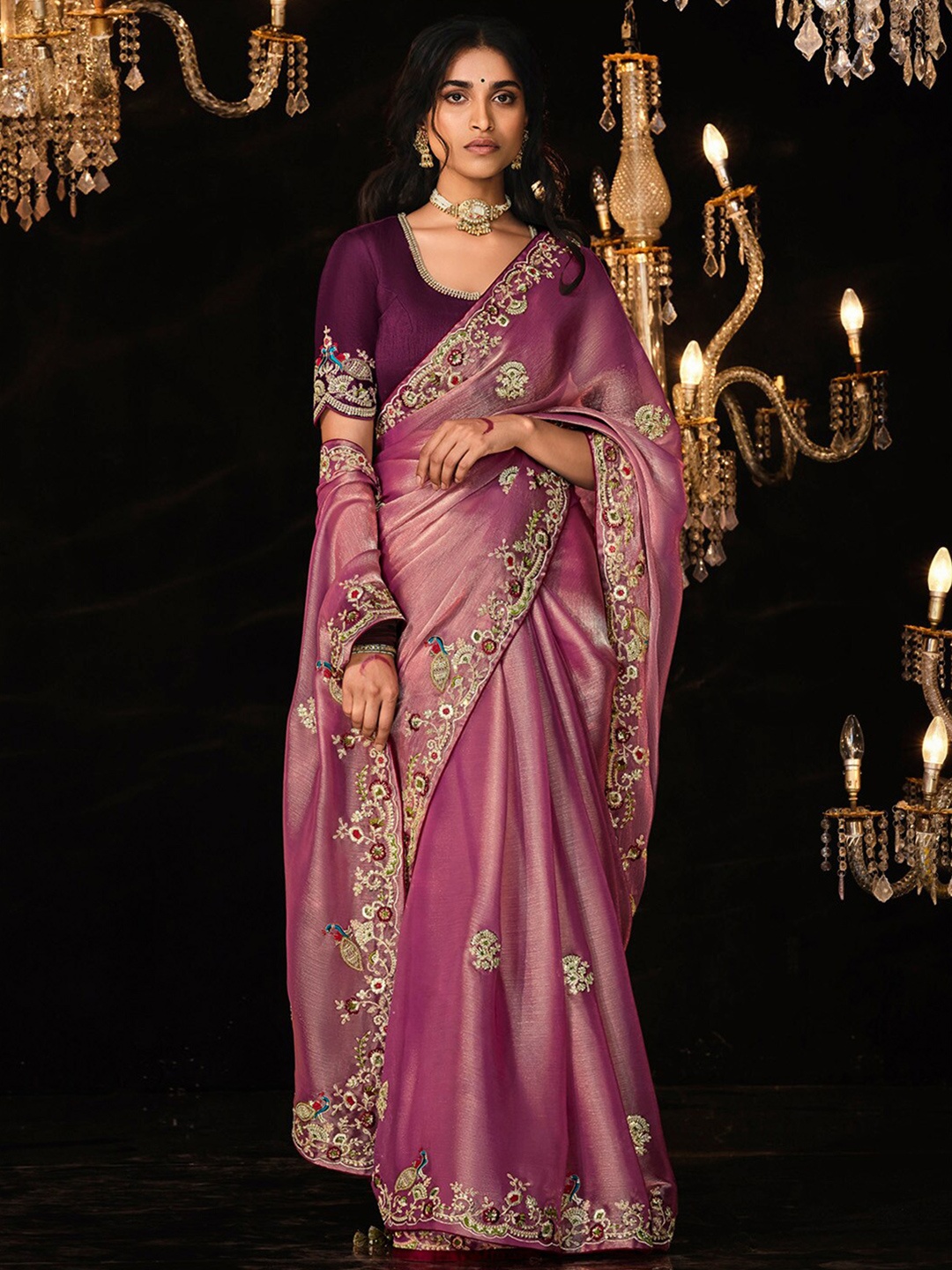 

Mitera Embellished Sequinned Poly Chiffon Saree, Pink