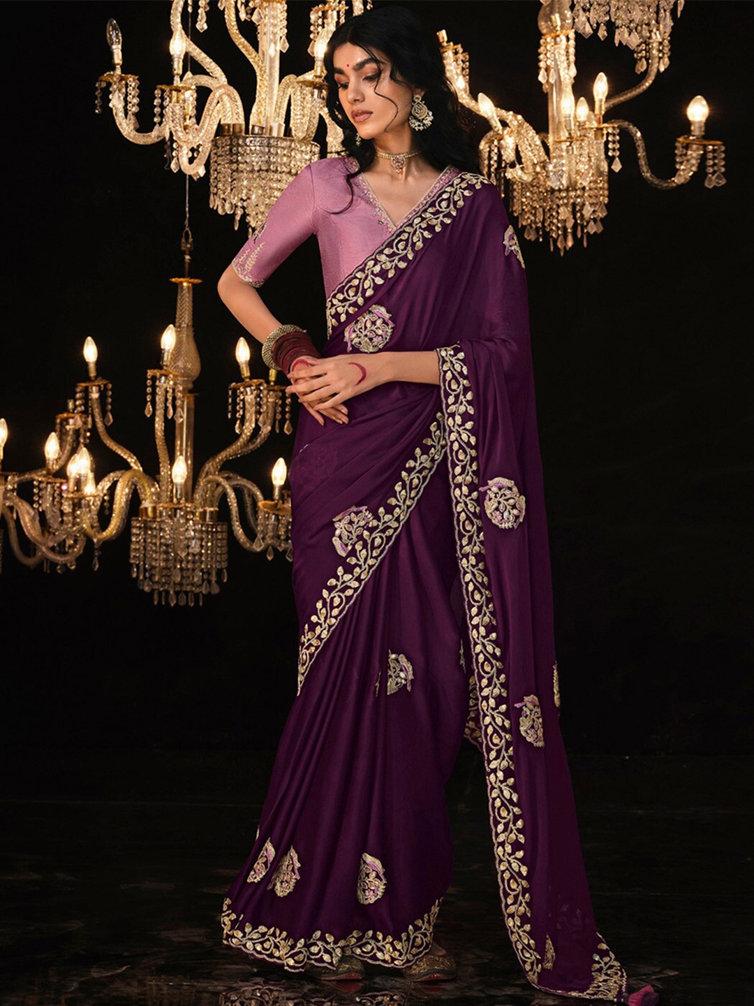 

Mitera Ethnic Motifs Embellished Pure Chiffon Saree, Magenta