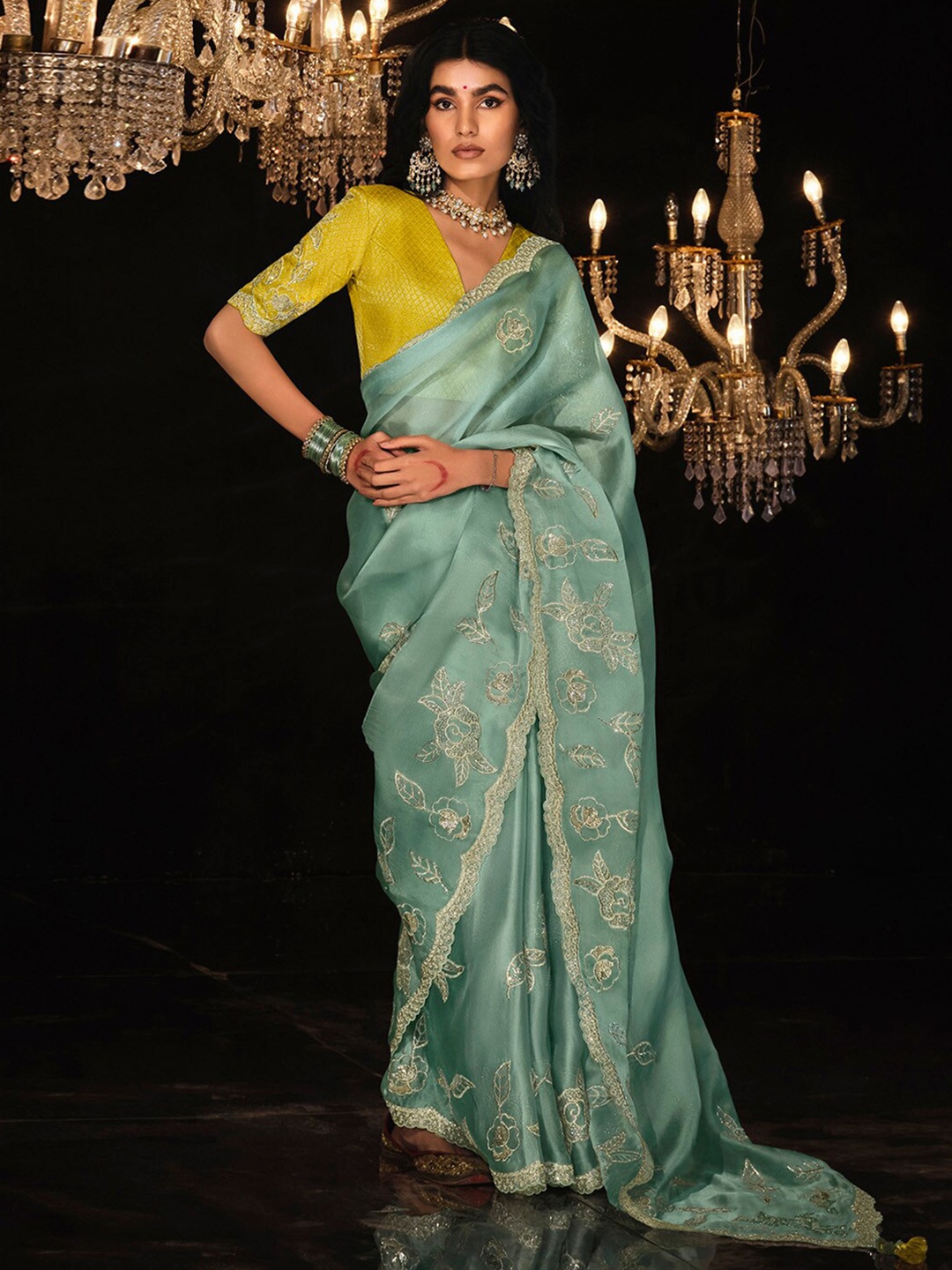 

Mitera Embellished Sequinned Organza Saree, Turquoise blue