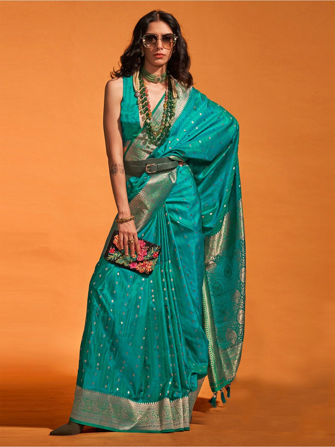 

Mitera Woven Design Zari Satin Banarasi Saree, Teal