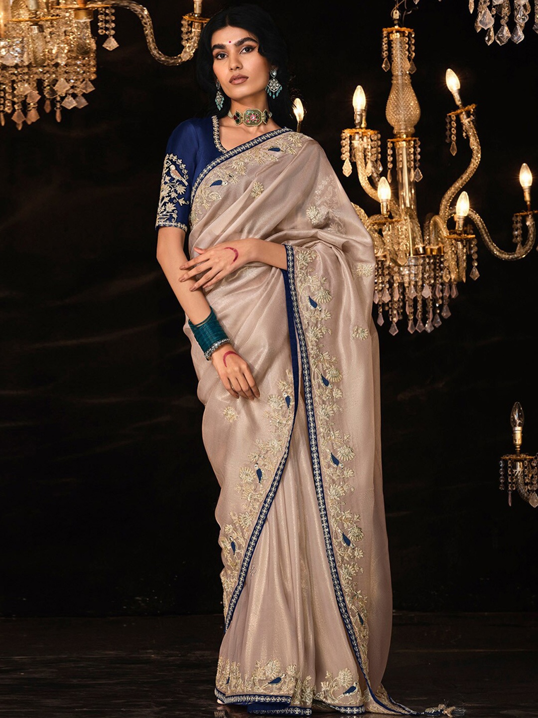 

Mitera Embellished Sequinned Silk Blend Saree, Cream
