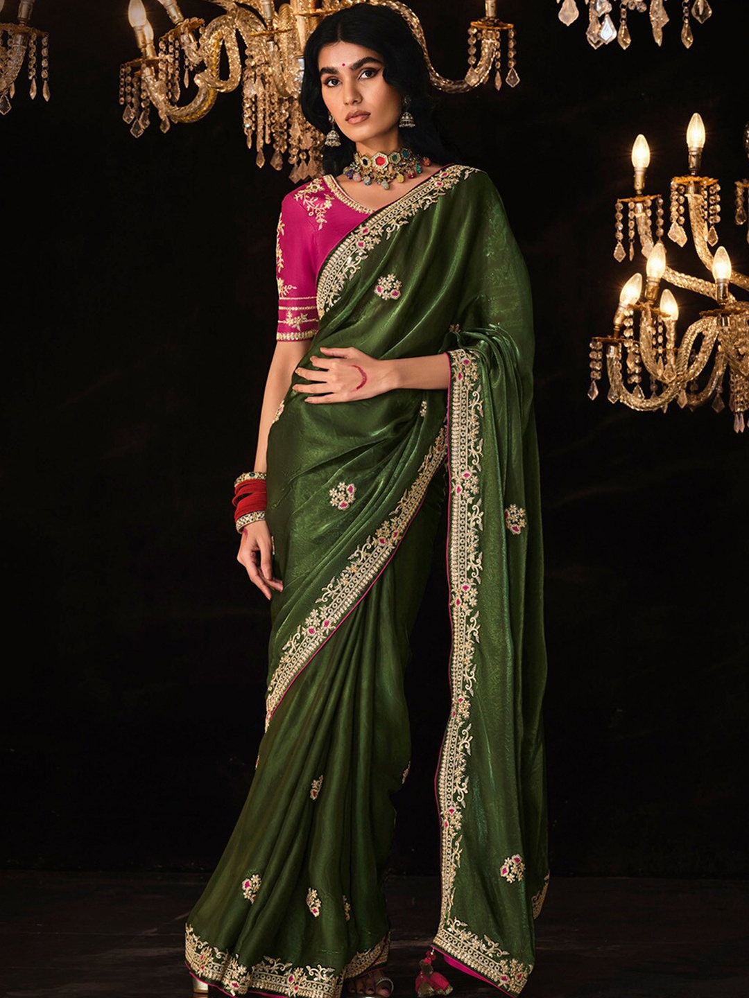 

Mitera Embellished Embroidered Organza Saree, Green