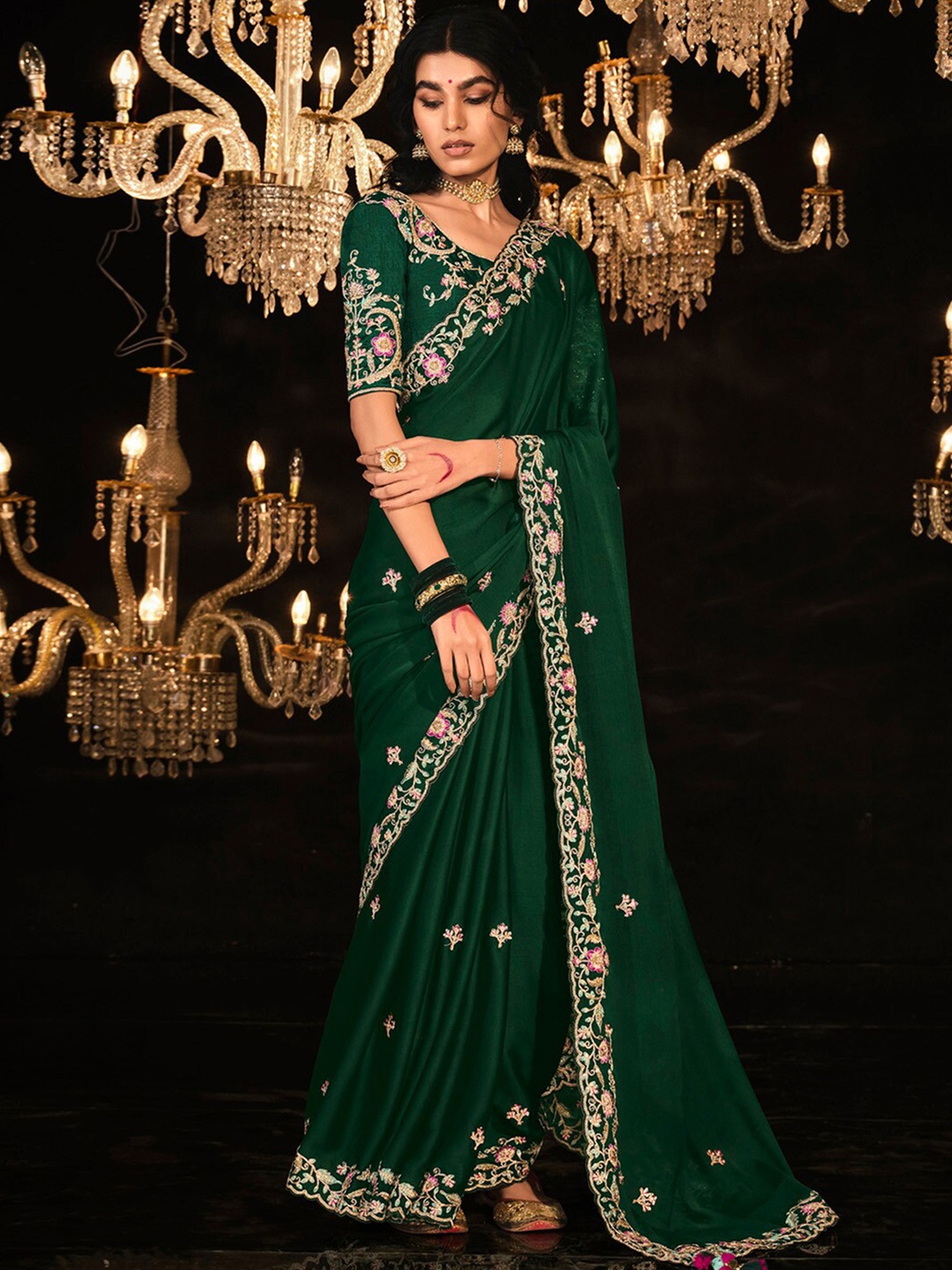 

Mitera Embellished Sequinned Pure Chiffon Designer Saree, Green