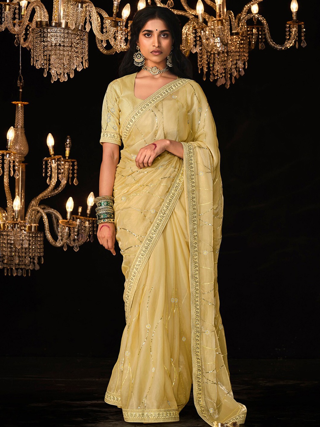 

Mitera Embellished Sequinned Organza Saree, Yellow