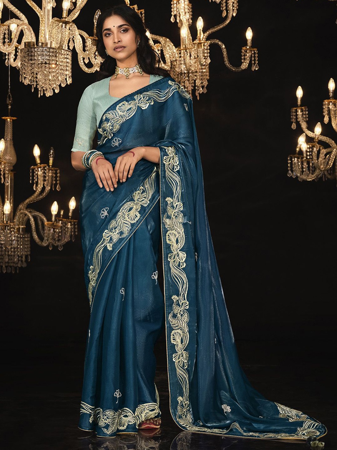 

Mitera Floral Embroidered Organza Saree, Teal