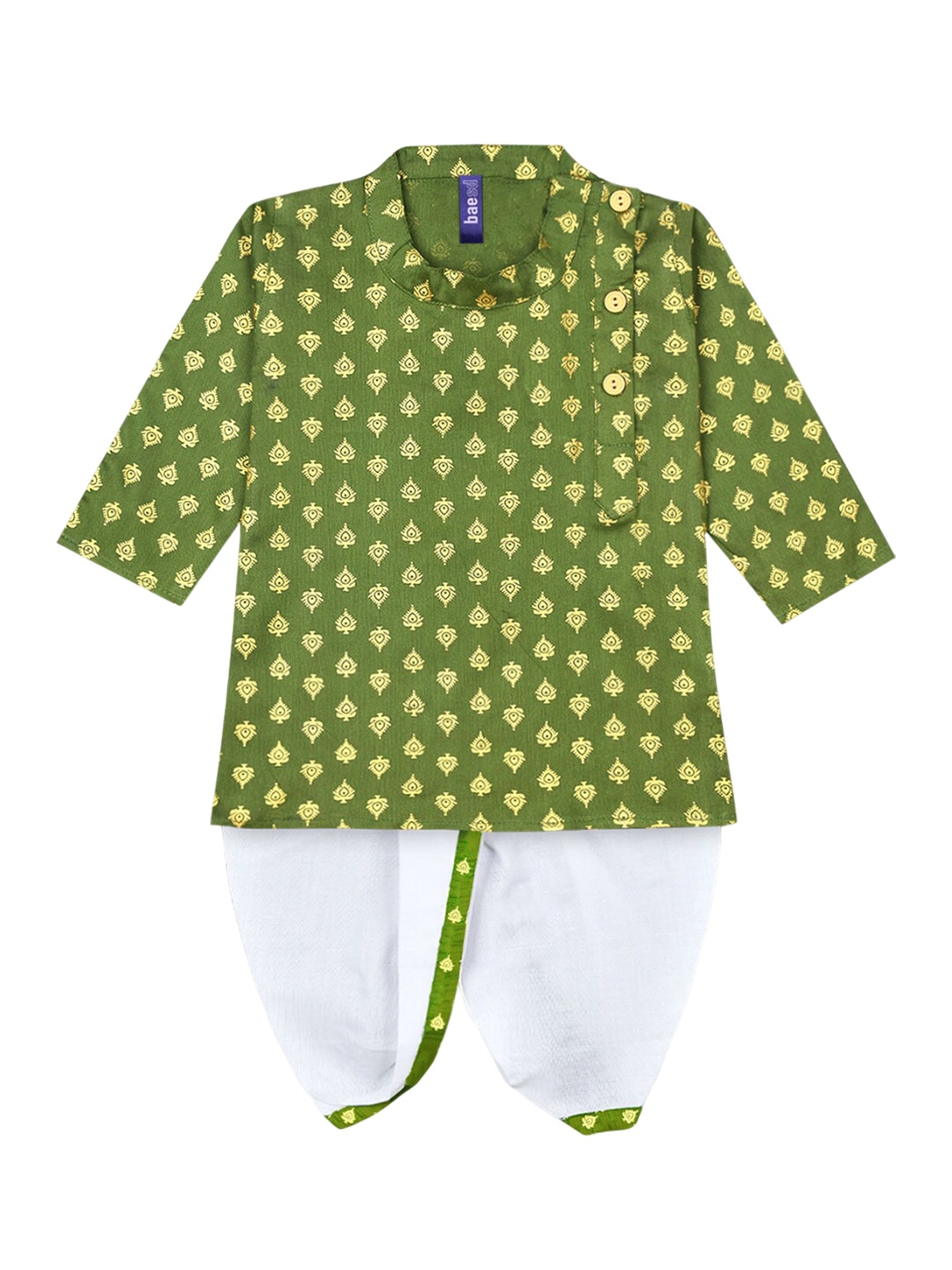 

BAESD Boys Ethnic Motifs Printed Zari Straight Kurta With Dhoti Pants, Green