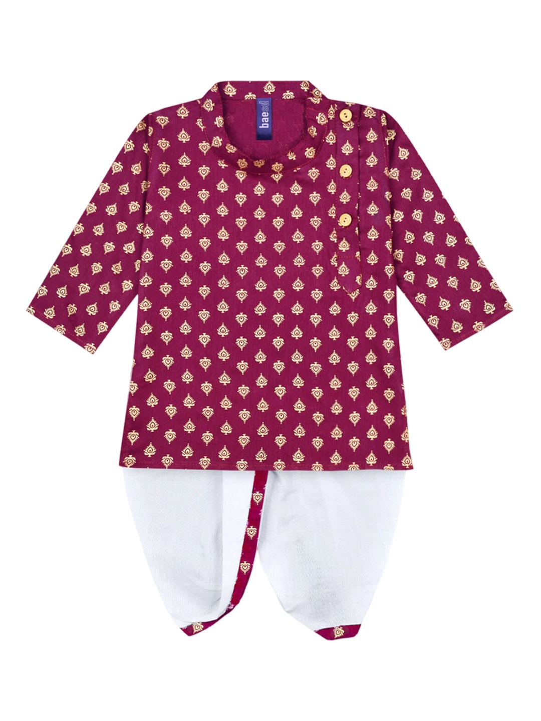 

BAESD Boys Ethnic Motifs Printed Mandarin Collar Kurta With Dhoti Pants, Maroon