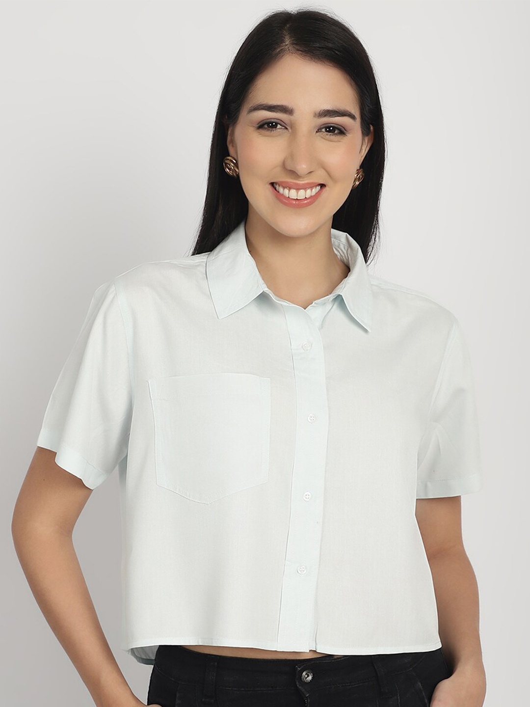 

Purple State Spread Collar Short Sleeves Cotton Crop Shirt, Blue