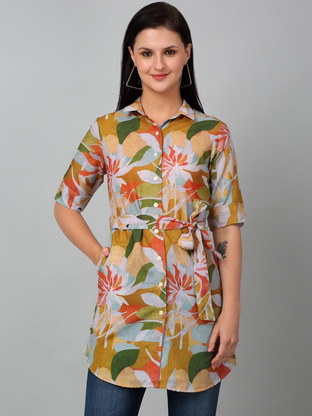 

Cantabil Shirt Collar Printed Tunic, Green