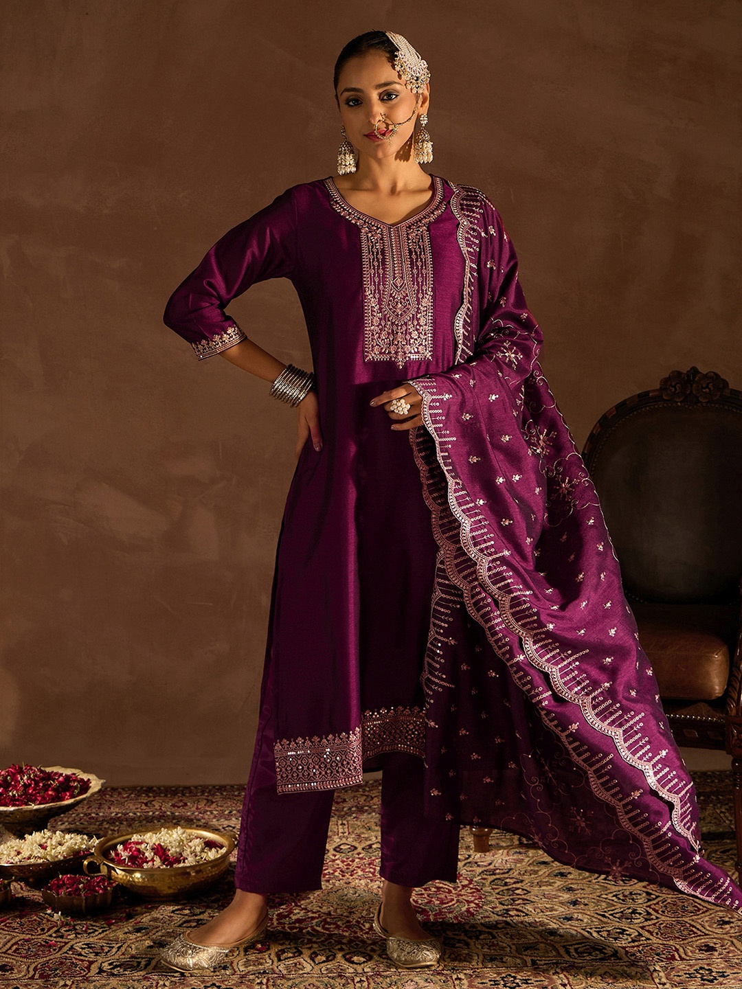 

Indo Era Burgundy Embroidered Regular Thread Work Straight Kurta With Trousers & Dupatta
