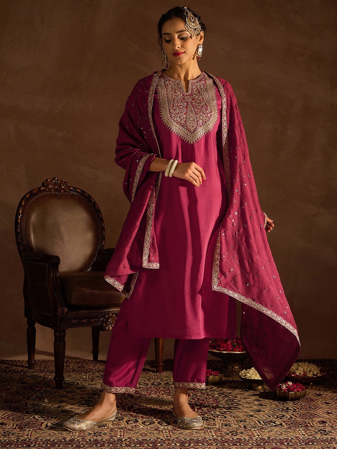 

Indo Era Red Floral Embroidered Regular Kurta with Trousers & Dupatta