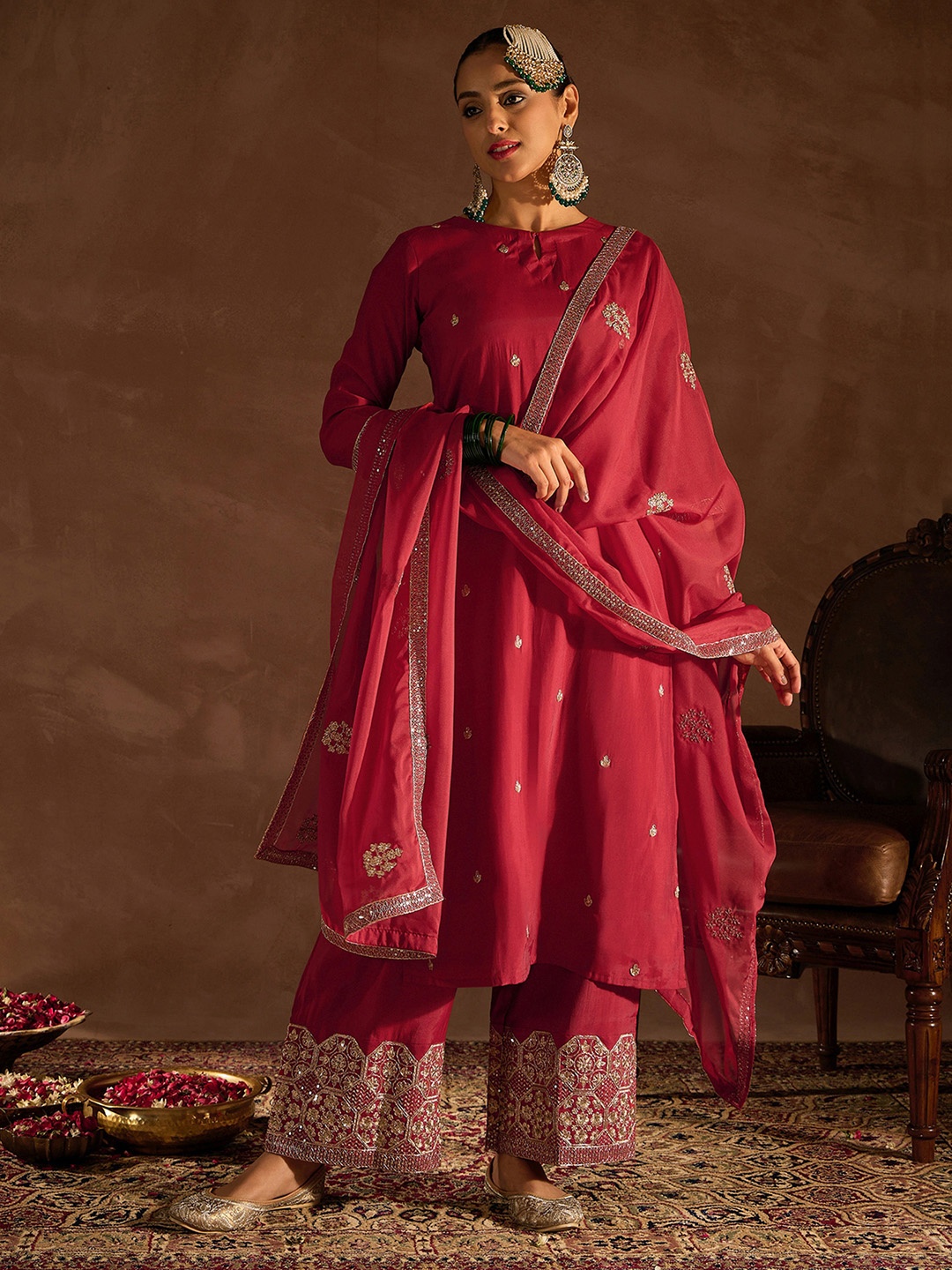 

Indo Era Red Floral Embroidered Regular Kurta with Sharara & Dupatta