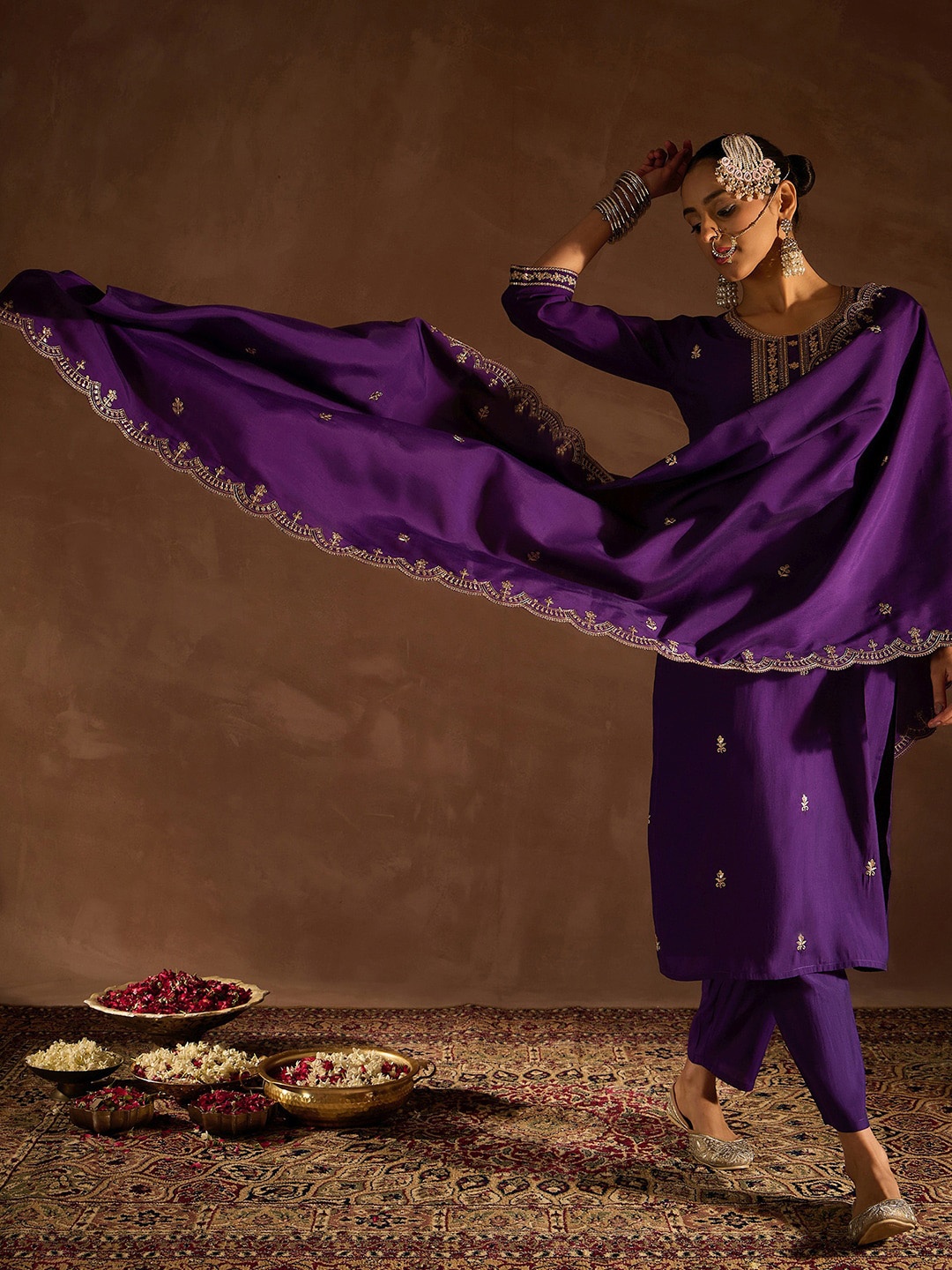 

Indo Era Ethnic Motifs Embroidered Sequinned Straight Kurta with Trousers & Dupatta, Purple