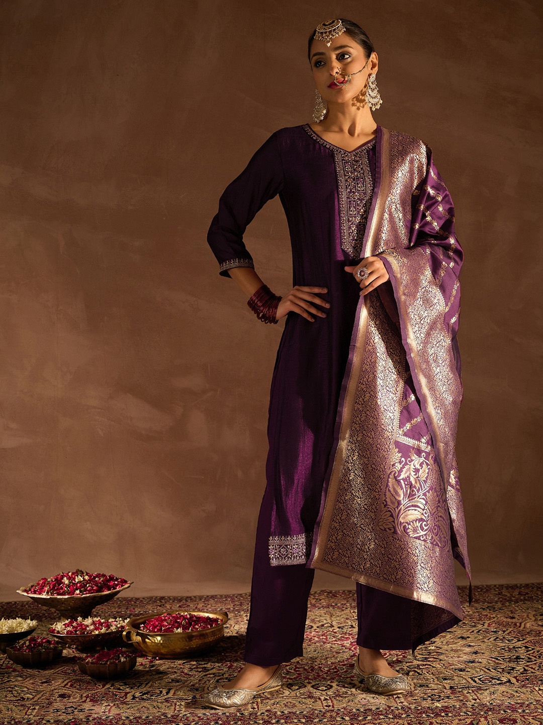 

Indo Era Burgundy Ethnic Motifs Embroidered Regular Kurta with Trousers & Dupatta