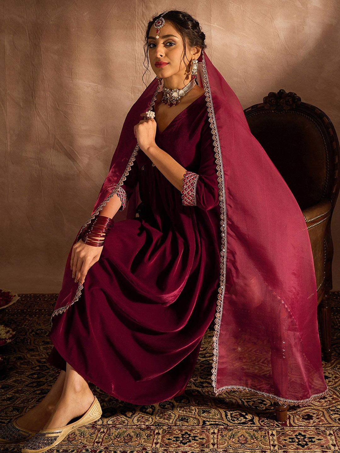 

Indo Era Embroidered Sequinned Straight Kurta with Sharara & Dupatta, Burgundy