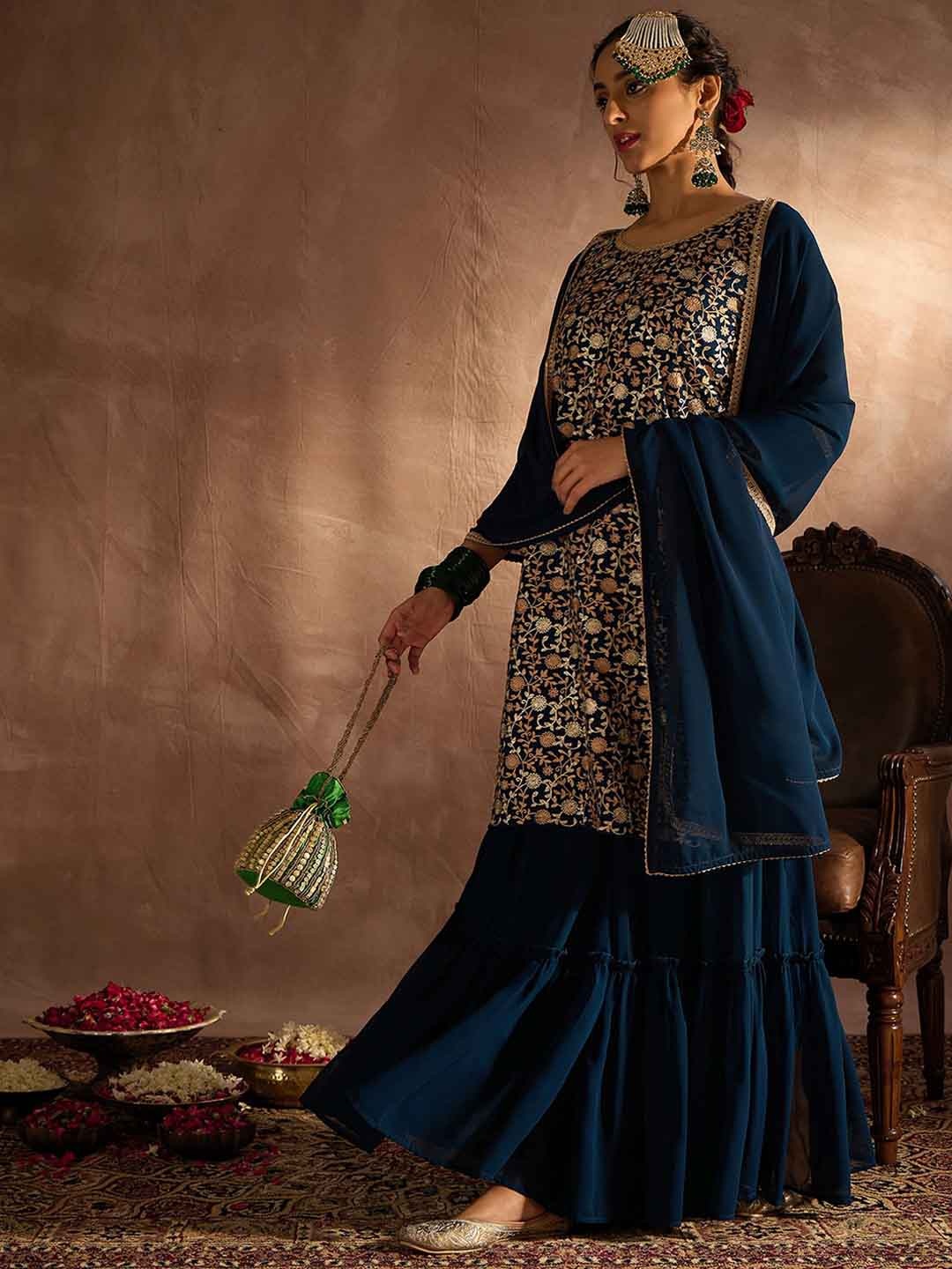 

Indo Era Floral Embroidered Thread Work Straight Kurta with Sharara & Dupatta, Teal