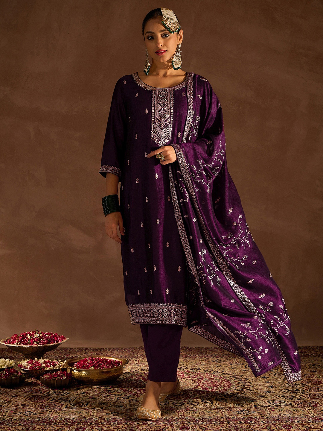 

Indo Era Ethnic Motifs Embroidered Regular Thread Work Kurta with Trousers & With Dupatta, Purple