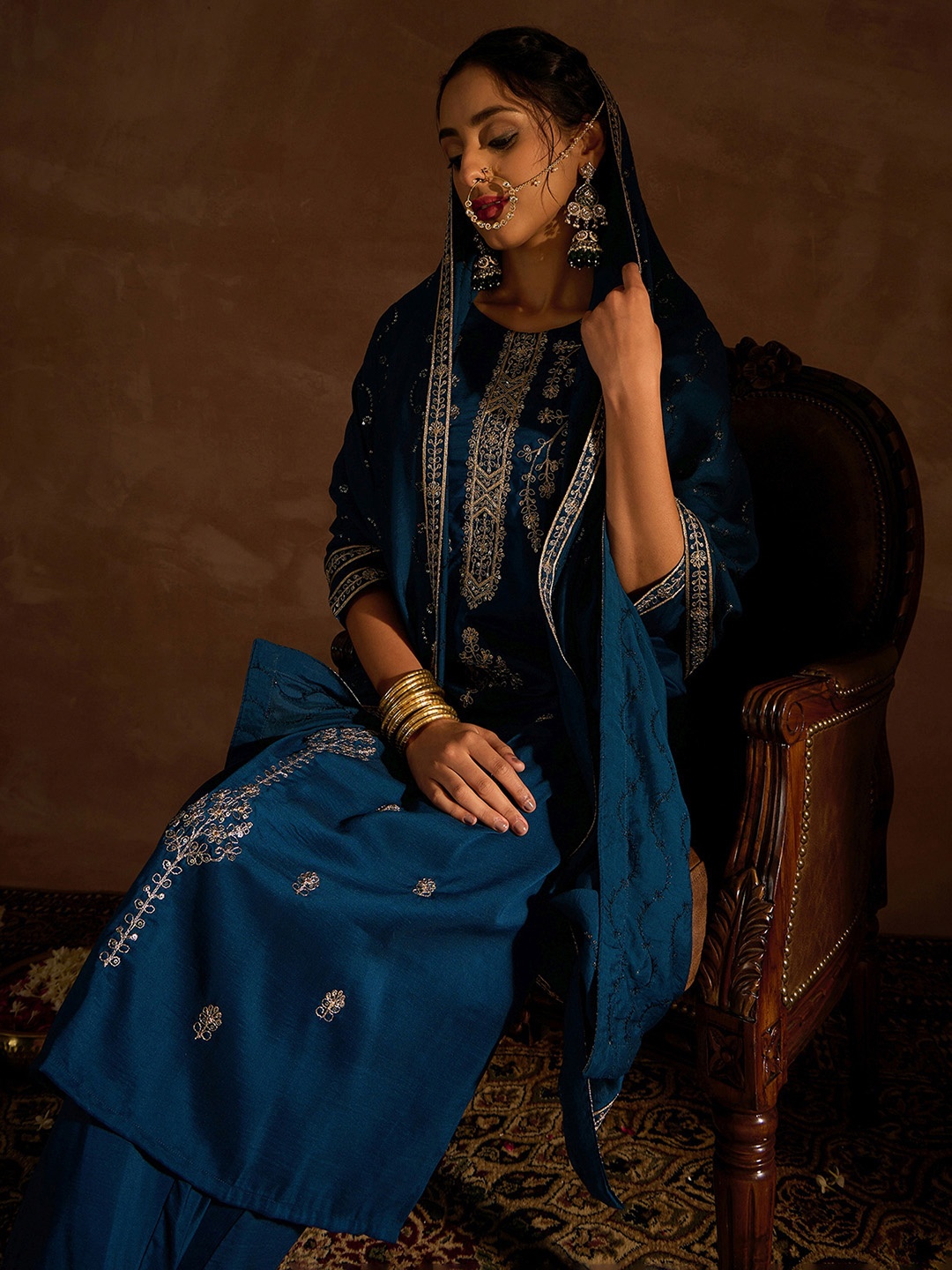 

Indo Era Teal Ethnic Motifs Embroidered Regular Kurta with Trousers & Dupatta