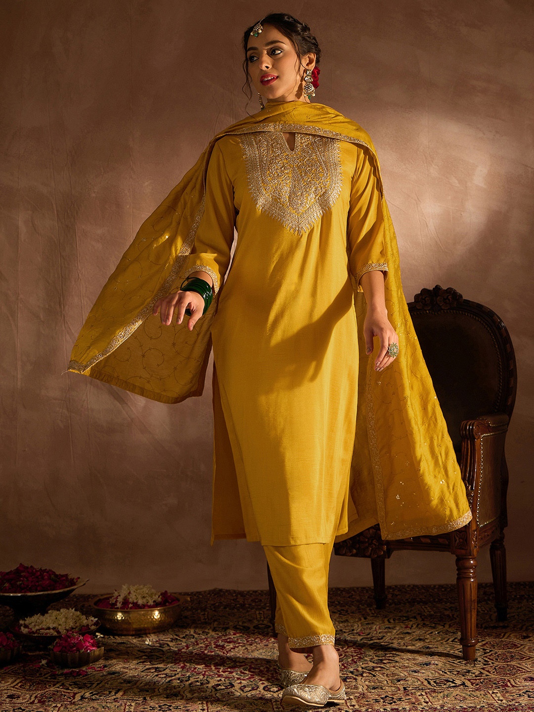 

Indo Era Yellow Paisley Embroidered Regular Straight Kurta With Trousers & Dupatta