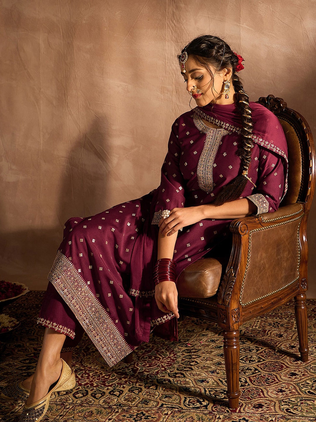 

Indo Era Ethnic Motifs Embroidered Sequinned Straight Kurta with Trousers & Dupatta, Maroon